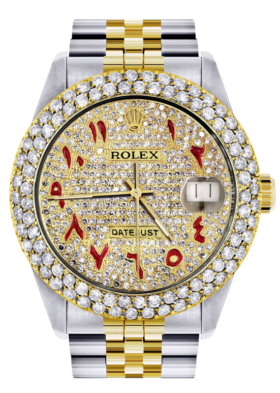 Diamond Gold Rolex Watch For Men 16233 | 36Mm | Custom Red Arabic Full Diamond Dial | Two Row 4.25 Carat Bezel | Jubilee Band