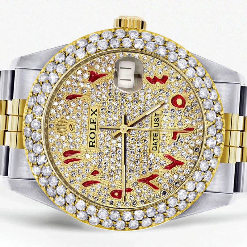 Diamond Gold Rolex Watch For Men 16233 | 36Mm | Custom Red Arabic Full Diamond Dial | Two Row 4.25 Carat Bezel | Jubilee Band