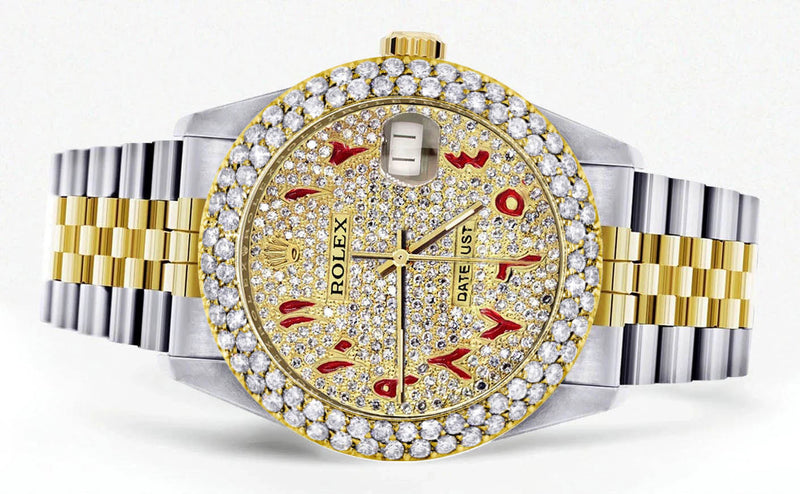 Diamond Gold Rolex Watch For Men 16233 | 36Mm | Custom Red Arabic Full Diamond Dial | Two Row 4.25 Carat Bezel | Jubilee Band