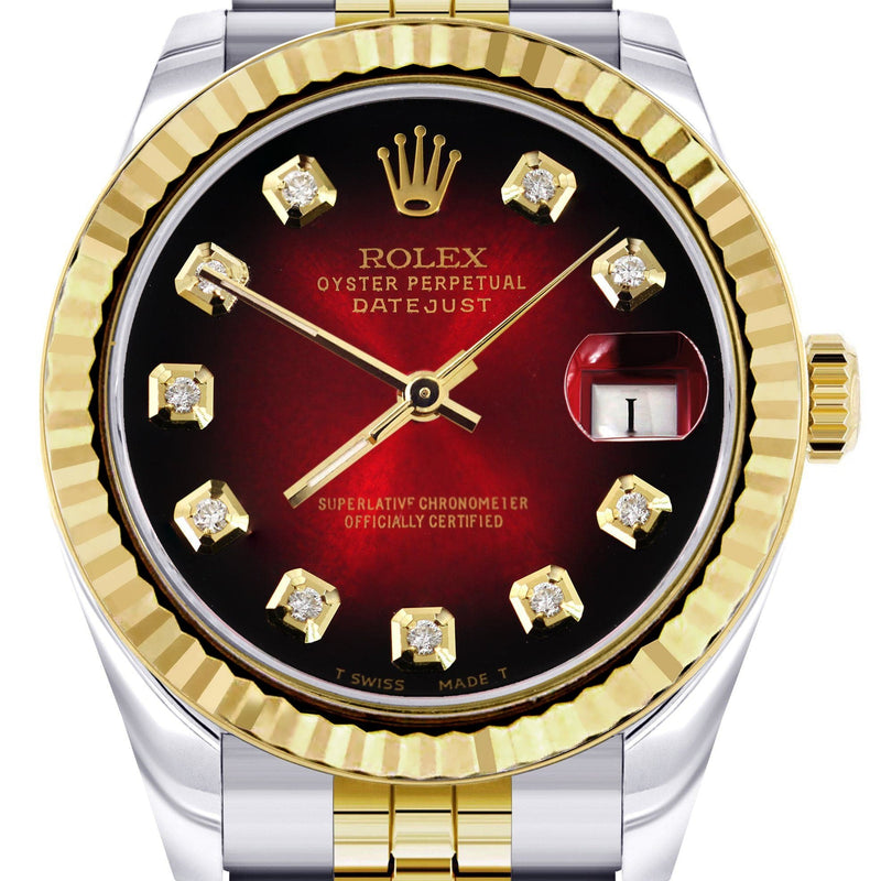 Diamond Gold Rolex Watch | 68273 | Fluted Bezel | 31MM | Red Black Diamond Dial | Jubilee Band