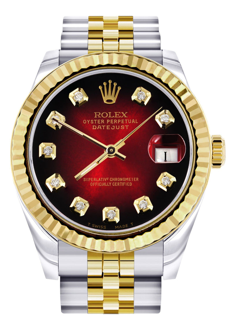 Diamond Gold Rolex Watch | 68273 | Fluted Bezel | 31MM | Red Black Diamond Dial | Jubilee Band