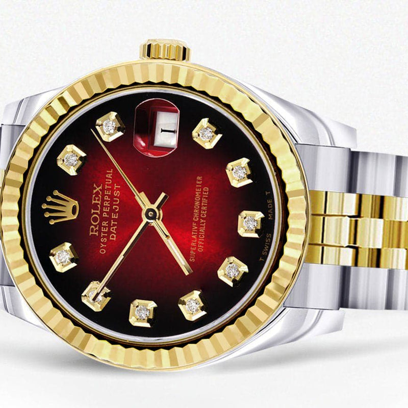 Diamond Gold Rolex Watch | 68273 | Fluted Bezel | 31MM | Red Black Diamond Dial | Jubilee Band