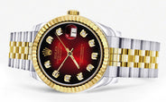 Diamond Gold Rolex Watch | 68273 | Fluted Bezel | 31MM | Red Black Diamond Dial | Jubilee Band