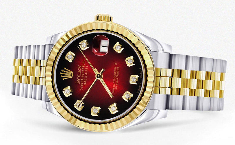 Diamond Gold Rolex Watch | 68273 | Fluted Bezel | 31MM | Red Black Diamond Dial | Jubilee Band