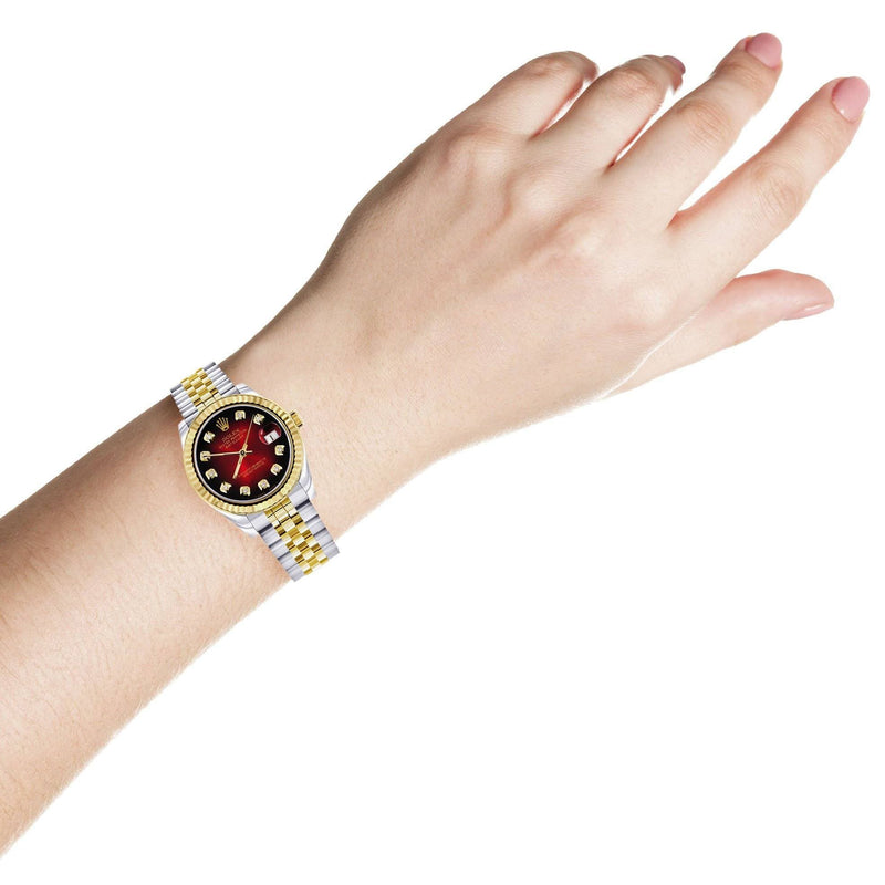 Diamond Gold Rolex Watch | 68273 | Fluted Bezel | 31MM | Red Black Diamond Dial | Jubilee Band