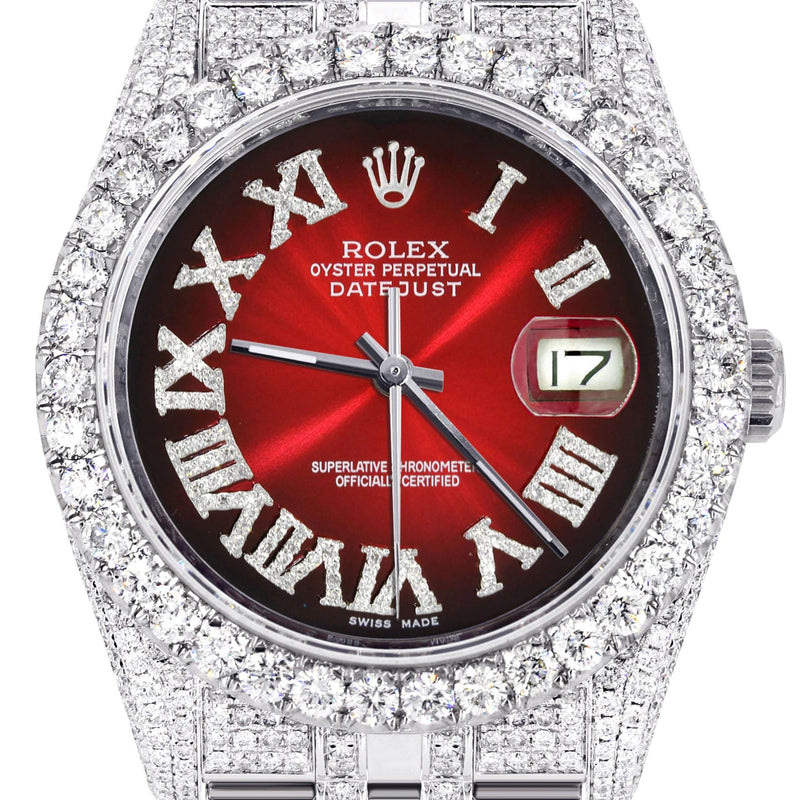 Iced Out Rolex Datejust 36 MM | Stainless Steel | 16.5 Carats of Diamonds | Red Black Roman Diamond Dial | Jubilee Band | Model 116200