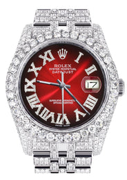 Iced Out Rolex Datejust 36 MM | Stainless Steel | 16.5 Carats of Diamonds | Red Black Roman Diamond Dial | Jubilee Band | Model 116200