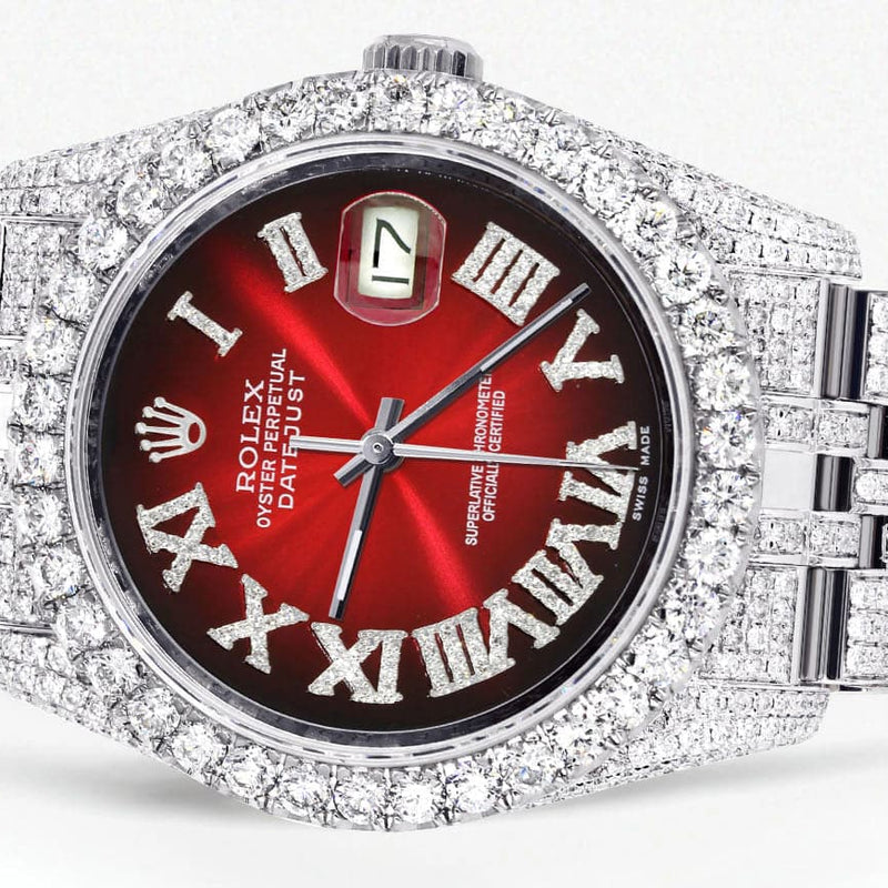 Iced Out Rolex Datejust 36 MM | Stainless Steel | 16.5 Carats of Diamonds | Red Black Roman Diamond Dial | Jubilee Band | Model 116200