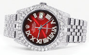 Iced Out Rolex Datejust 36 MM | Stainless Steel | 16.5 Carats of Diamonds | Red Black Roman Diamond Dial | Jubilee Band | Model 116200