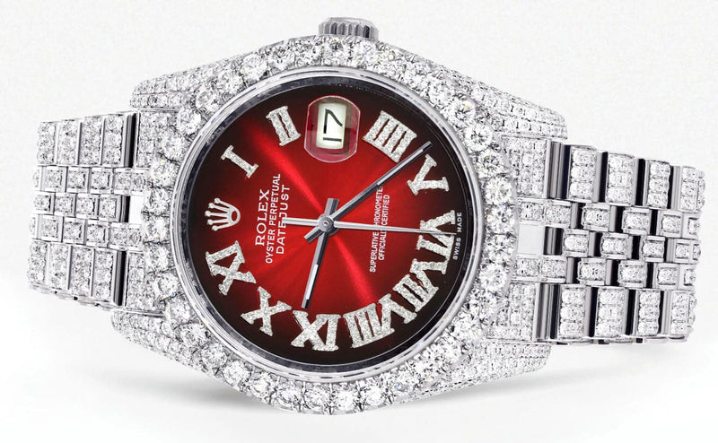 Iced Out Rolex Datejust 36 MM | Stainless Steel | 16.5 Carats of Diamonds | Red Black Roman Diamond Dial | Jubilee Band | Model 116200
