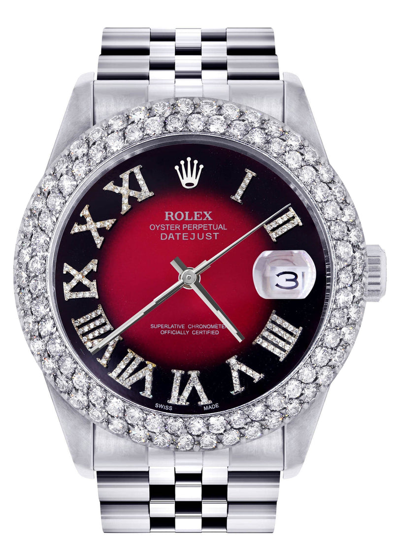 Mens Rolex Datejust Watch 16200 | 36Mm | Red Black Roman Numeral Dial | Two Row 4.25 Carat Bezel | Jubilee Band
