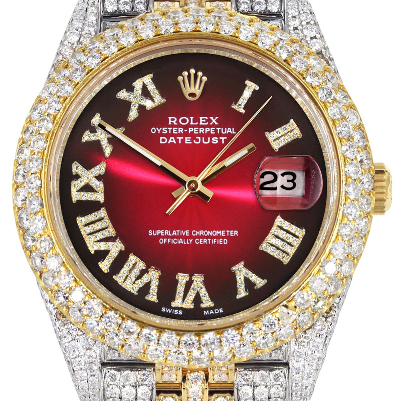 Womens Diamond Iced Out Rolex Datejust 41 | 25 Carats Of Diamonds | Red Black Dial | Two Tone | Two Row | Jubilee Band