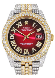 Womens Diamond Iced Out Rolex Datejust 41 | 25 Carats Of Diamonds | Red Black Dial | Two Tone | Two Row | Jubilee Band