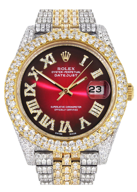 Womens Diamond Iced Out Rolex Datejust 41 | 25 Carats Of Diamonds | Red Black Dial | Two Tone | Two Row | Jubilee Band