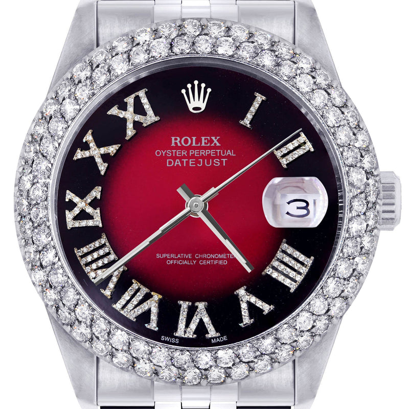 Womens Rolex Datejust Watch 16200 | 36Mm | Red Black Roman Numeral Dial | Two Row 4.25 Carat Bezel | Jubilee Band