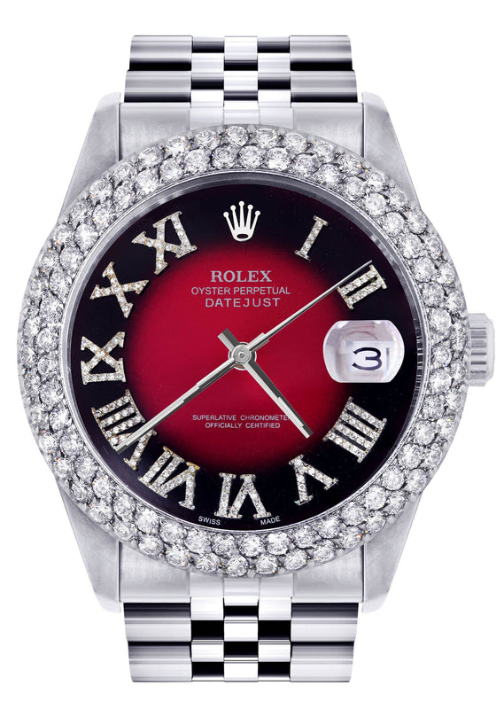 Womens Rolex Datejust Watch 16200 | 36Mm | Red Black Roman Numeral Dial | Two Row 4.25 Carat Bezel | Jubilee Band