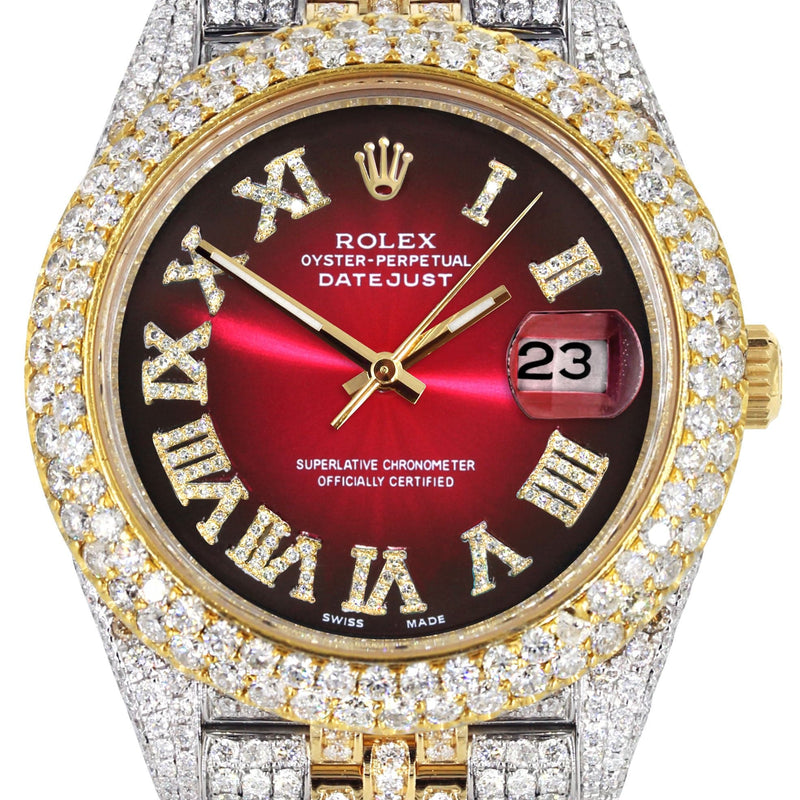 Diamond Iced Out Rolex Datejust 41 | 25 Carats Of Diamonds | Red Black Dial | Two Tone | Two Row | Jubilee Band