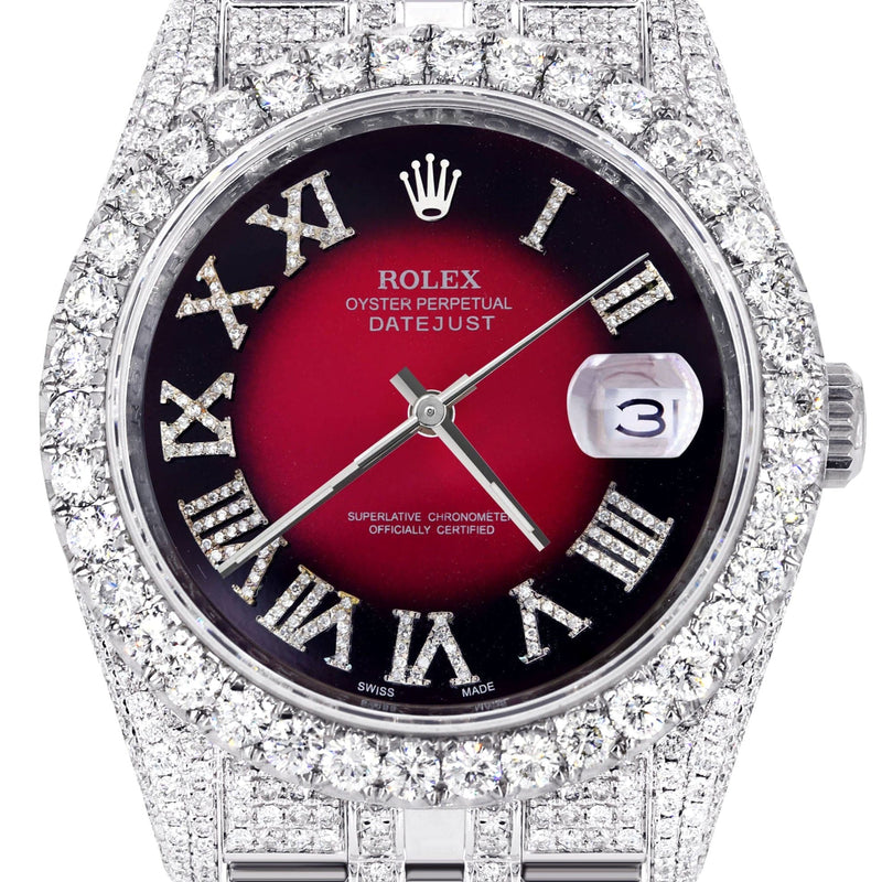 Iced Out Rolex Datejust 36 MM | Stainless Steel | 16.5 Carats of Diamonds | Red Black Roman Diamond Dial | Jubilee Band | Model 116200