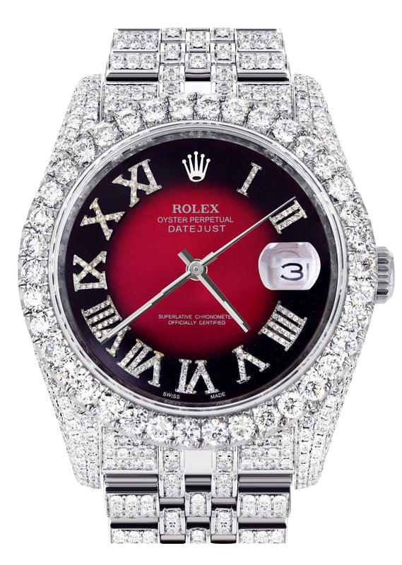Iced Out Rolex Datejust 36 MM | Stainless Steel | 16.5 Carats of Diamonds | Red Black Roman Diamond Dial | Jubilee Band | Model 116200