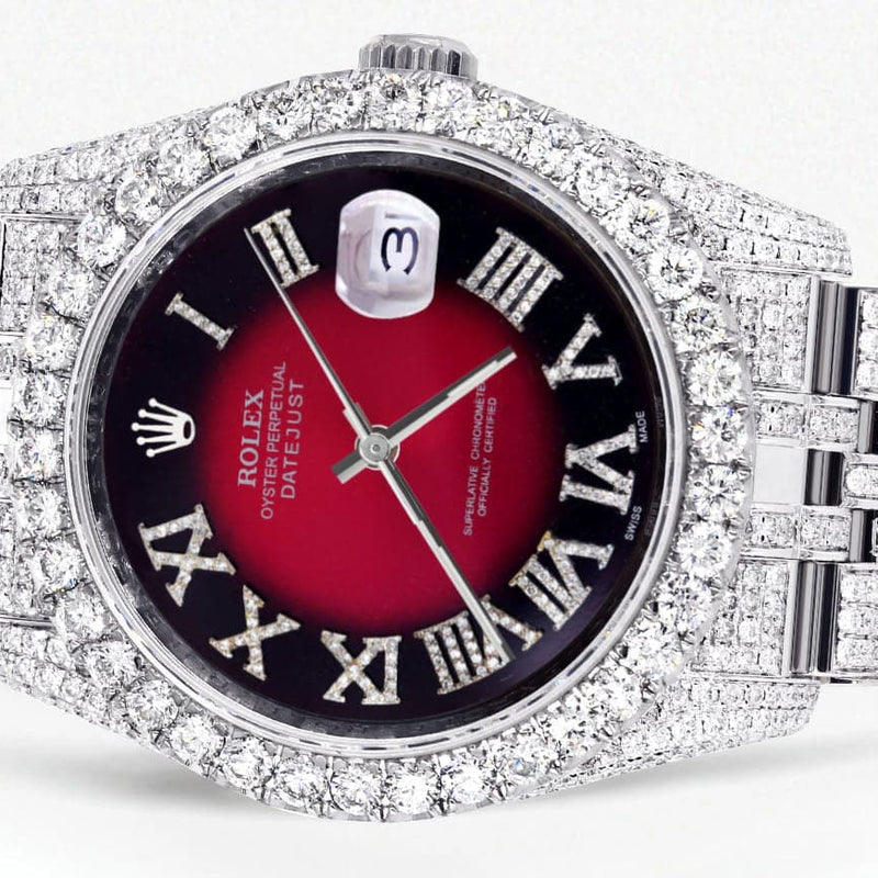 Iced Out Rolex Datejust 36 MM | Stainless Steel | 16.5 Carats of Diamonds | Red Black Roman Diamond Dial | Jubilee Band | Model 116200