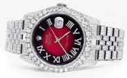 Iced Out Rolex Datejust 36 MM | Stainless Steel | 16.5 Carats of Diamonds | Red Black Roman Diamond Dial | Jubilee Band | Model 116200