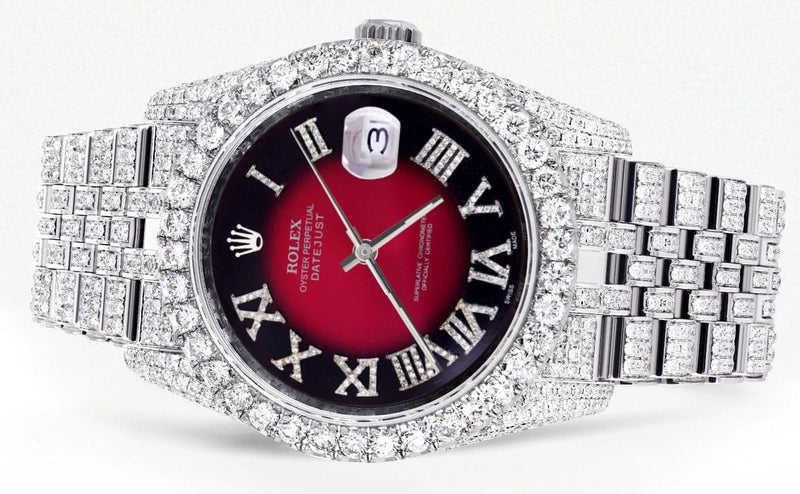 Iced Out Rolex Datejust 36 MM | Stainless Steel | 16.5 Carats of Diamonds | Red Black Roman Diamond Dial | Jubilee Band | Model 116200