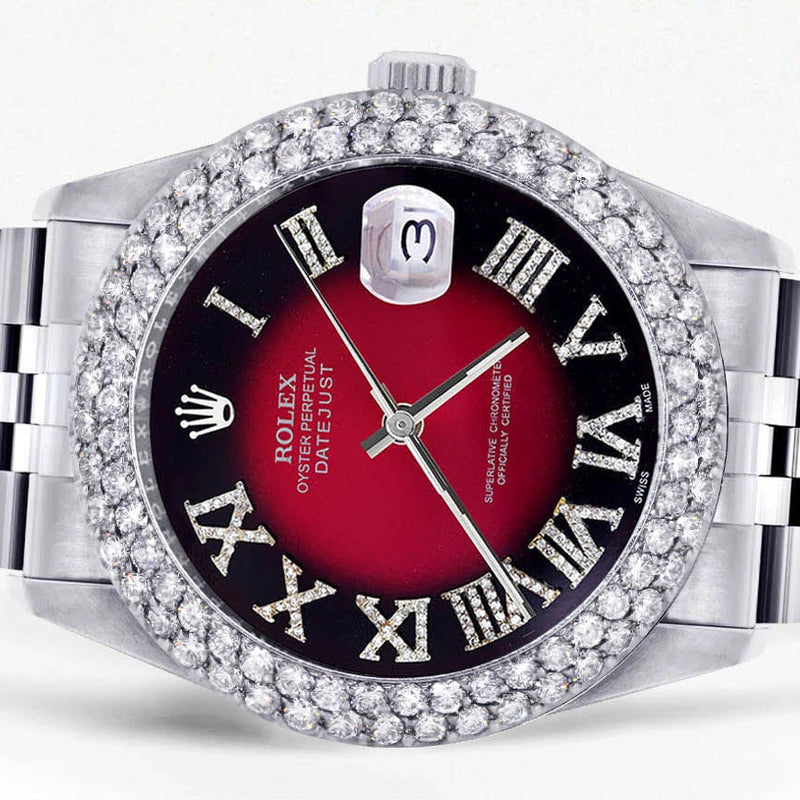 Womens Rolex Datejust Watch 16200 | 36Mm | Red Black Roman Numeral Dial | Two Row 4.25 Carat Bezel | Jubilee Band