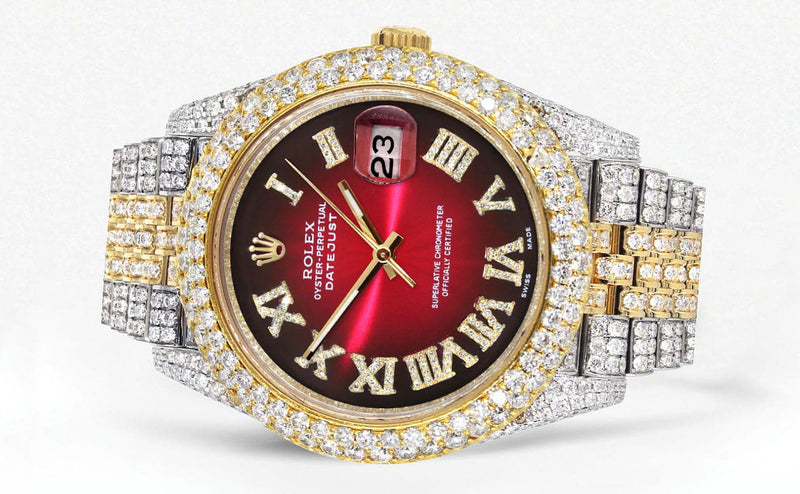 Diamond Iced Out Rolex Datejust 41 | 25 Carats Of Diamonds | Red Black Dial | Two Tone | Two Row | Jubilee Band