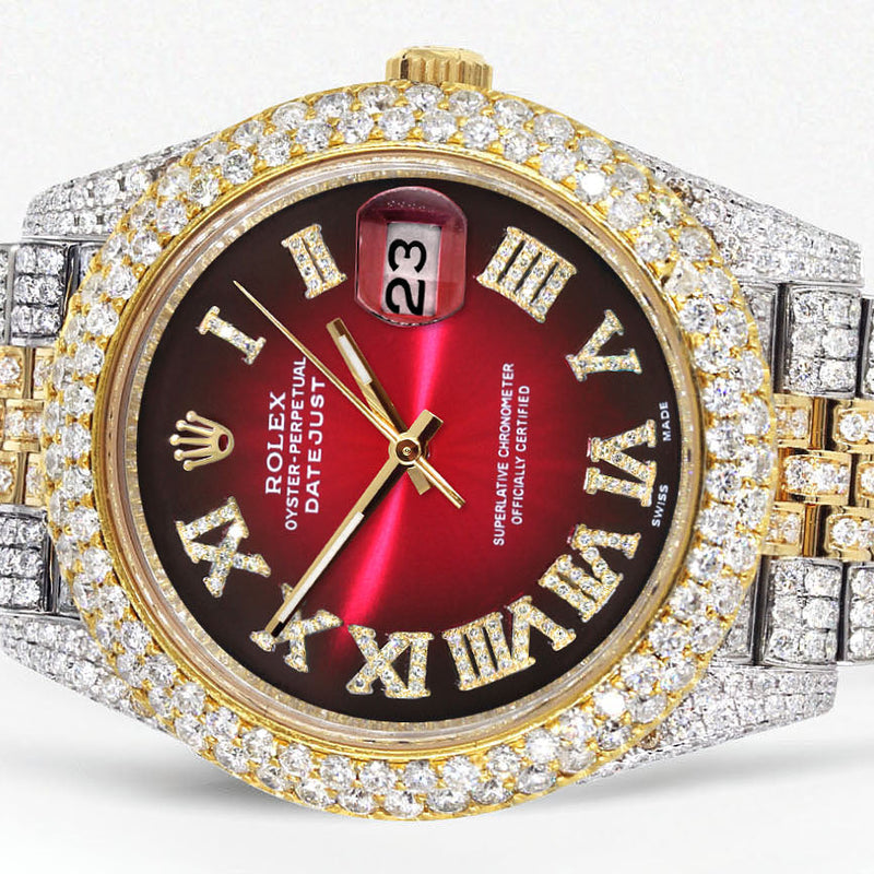 Womens Diamond Iced Out Rolex Datejust 41 | 25 Carats Of Diamonds | Red Black Dial | Two Tone | Two Row | Jubilee Band