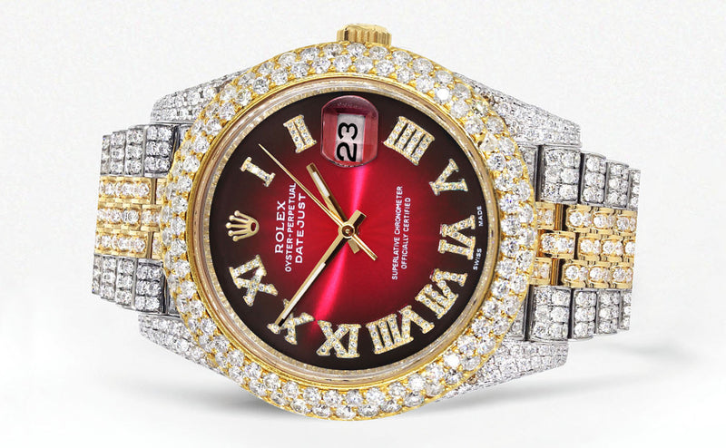 Womens Diamond Iced Out Rolex Datejust 41 | 25 Carats Of Diamonds | Red Black Dial | Two Tone | Two Row | Jubilee Band