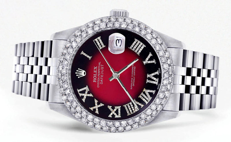 Mens Rolex Datejust Watch 16200 | 36Mm | Red Black Roman Numeral Dial | Two Row 4.25 Carat Bezel | Jubilee Band
