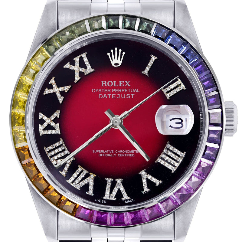 Diamond Gold Rolex Watch For Men 16200 | 36Mm | Rainbow Sapphire Bezel | Red Black Roman Numeral Dial | Jubilee Band