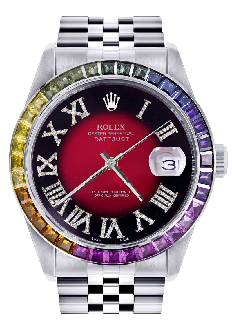 Diamond Gold Rolex Watch For Men 16200 | 36Mm | Rainbow Sapphire Bezel | Red Black Roman Numeral Dial | Jubilee Band