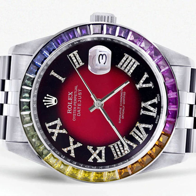 Diamond Gold Rolex Watch For Men 16200 | 36Mm | Rainbow Sapphire Bezel | Red Black Roman Numeral Dial | Jubilee Band