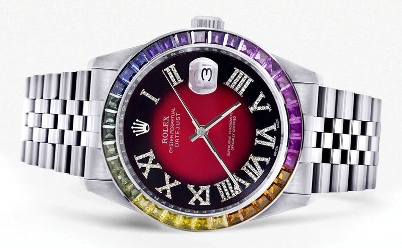 Diamond Gold Rolex Watch For Men 16200 | 36Mm | Rainbow Sapphire Bezel | Red Black Roman Numeral Dial | Jubilee Band