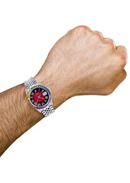 Diamond Gold Rolex Watch For Men 16200 | 36Mm | Rainbow Sapphire Bezel | Red Black Roman Numeral Dial | Jubilee Band