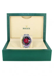Diamond Gold Rolex Watch For Men 16200 | 36Mm | Rainbow Sapphire Bezel | Red Black Roman Numeral Dial | Jubilee Band