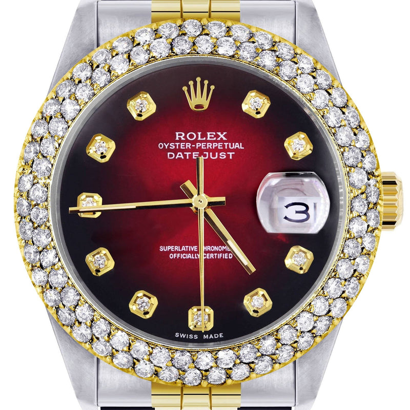 Diamond Gold Rolex Watch For Women 16233 | 36Mm | Custom Red Black Dial | Two Row 4.25 Carat Bezel | Jubilee Band