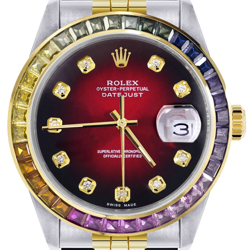 Diamond Gold Rolex Watch For Men 16233 | 36Mm | Rainbow Sapphire Bezel | Red Black Dial | Jubilee Band