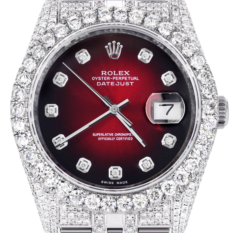 Iced Out Rolex Datejust 36 MM | Stainless Steel | 16.5 Carats of Diamonds | Red Black Diamond Dial | Jubilee Band | Model 116200