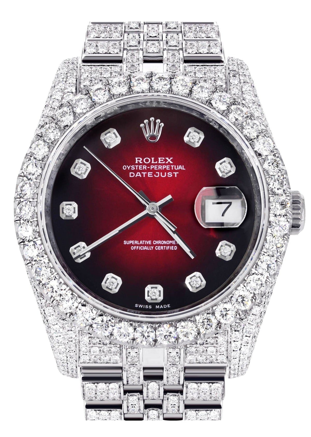 Iced Out Rolex Datejust 36 MM | Stainless Steel | 16.5 Carats of Diamonds | Red Black Diamond Dial | Jubilee Band | Model 116200