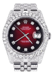 Iced Out Rolex Datejust 36 MM | Stainless Steel | 16.5 Carats of Diamonds | Red Black Diamond Dial | Jubilee Band | Model 116200