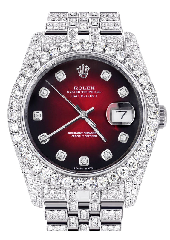 Iced Out Rolex Datejust 36 MM | Stainless Steel | 16.5 Carats of Diamonds | Red Black Diamond Dial | Jubilee Band | Model 116200