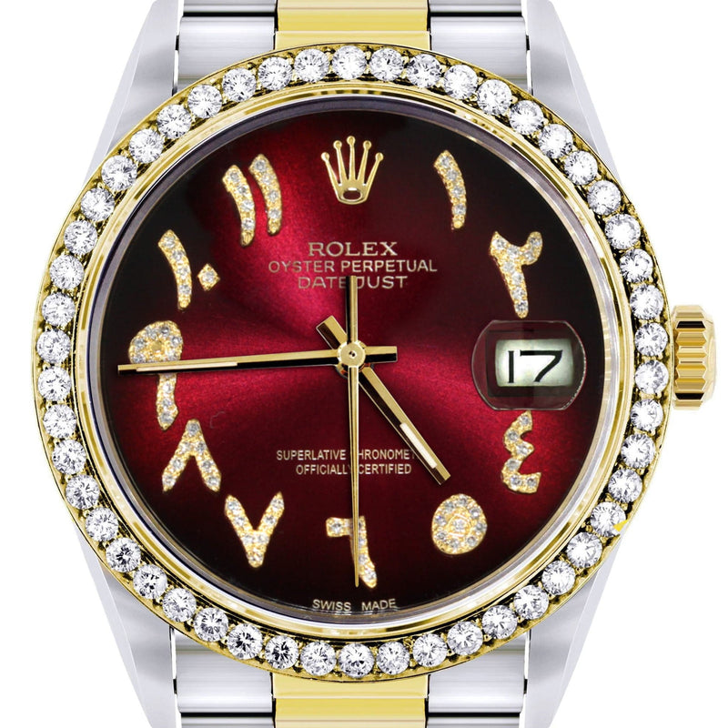 Gold & Steel Rolex Datejust Watch 16233 for Men | 36Mm | Red Black Arabic Diamond Dial | Oyster Band