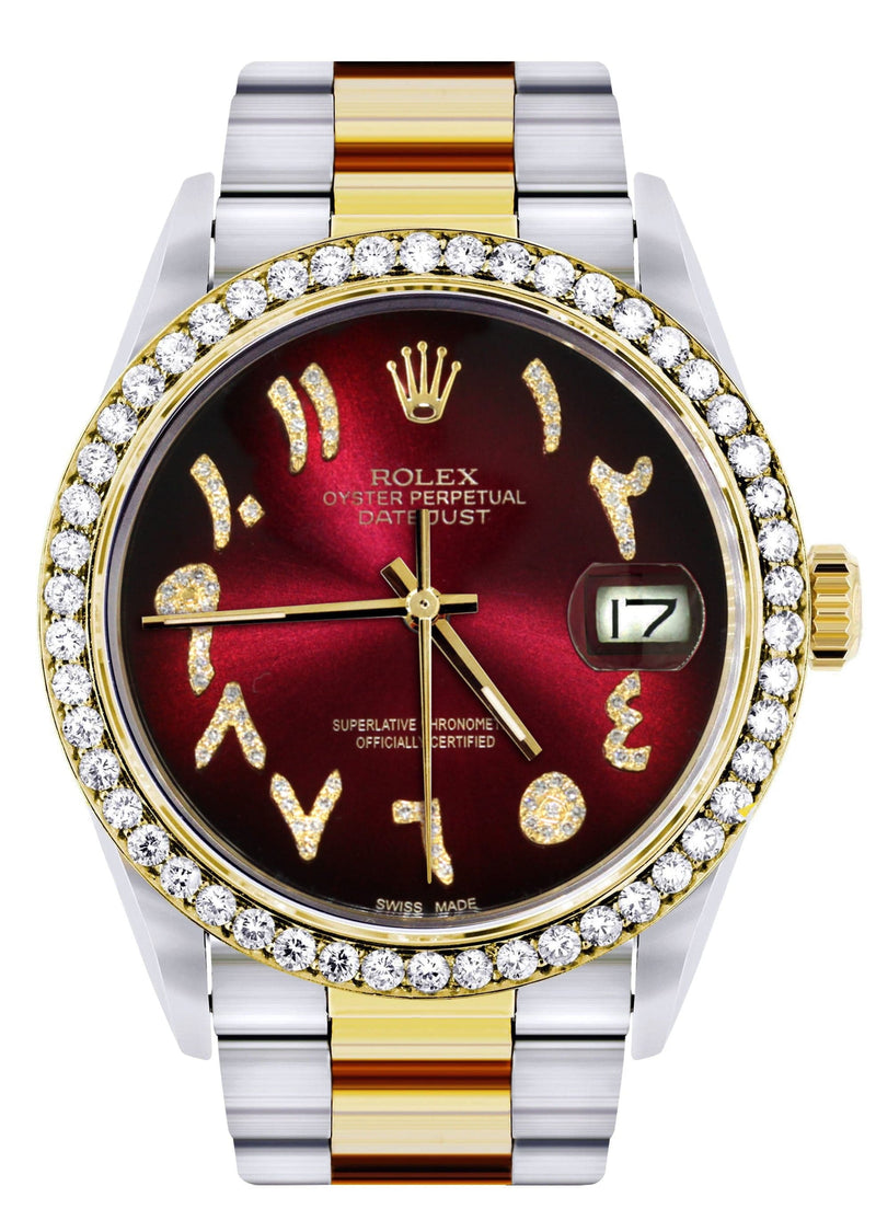 Gold & Steel Rolex Datejust Watch 16233 for Men | 36Mm | Red Black Arabic Diamond Dial | Oyster Band