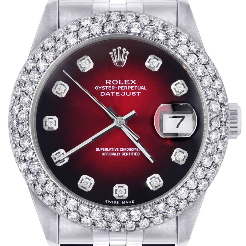 Mens Rolex Datejust Watch 16200 | 36Mm | Red Black Dial | Two Row 4.25 Carat Bezel | Jubilee Band