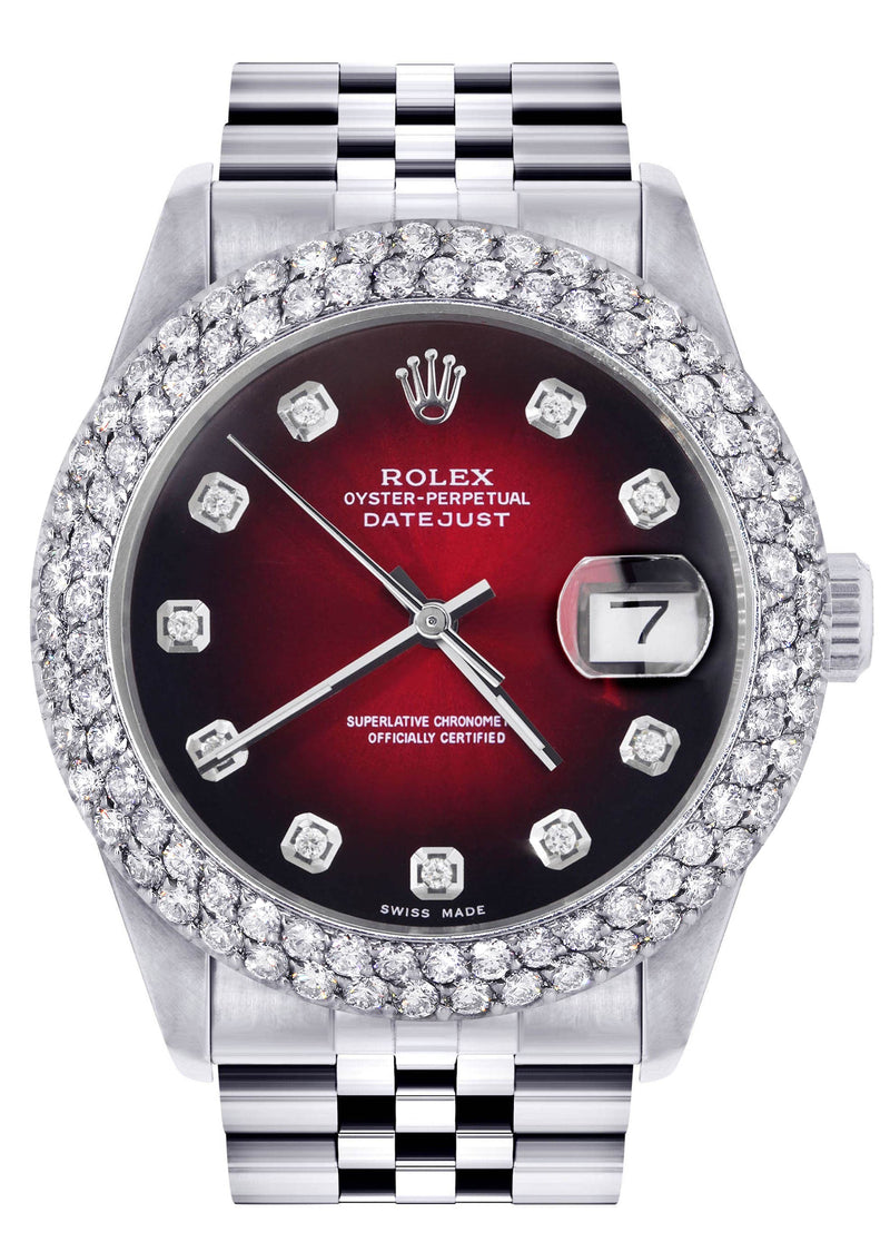 Mens Rolex Datejust Watch 16200 | 36Mm | Red Black Dial | Two Row 4.25 Carat Bezel | Jubilee Band