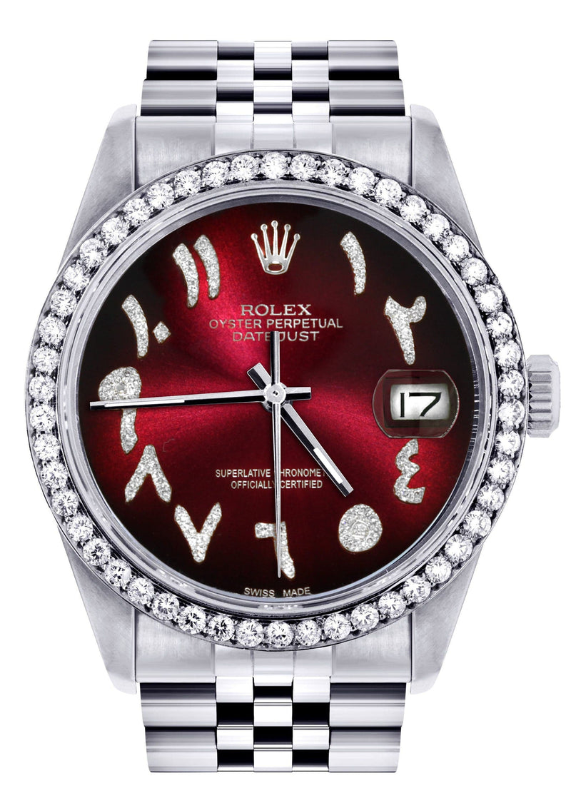 Diamond Mens Rolex Datejust Watch 16200 | 36Mm | Red Black Arabic Diamond Dial | Jubilee Band
