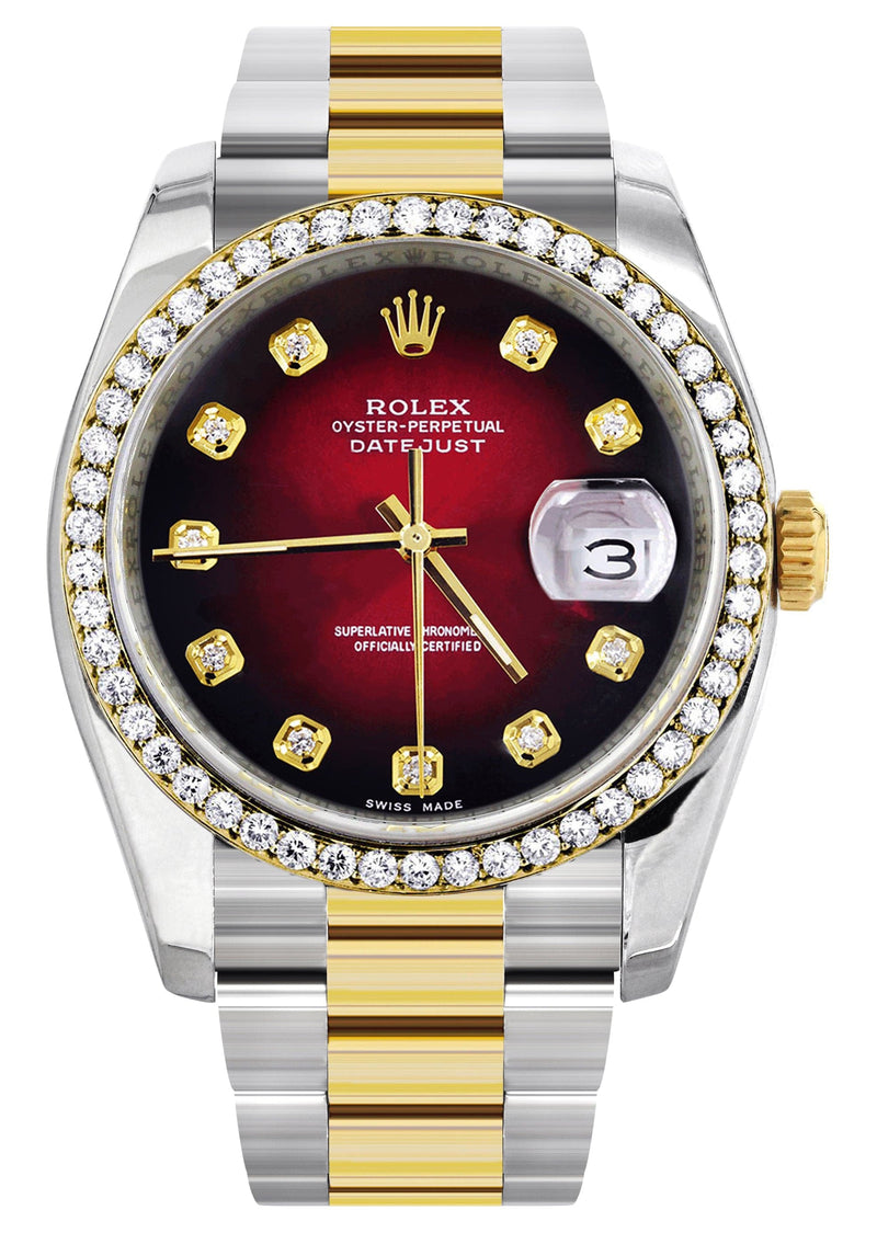 116233 | Diamond Gold Rolex Watch For Men | 36Mm | Red Black Dial | Oyster Band