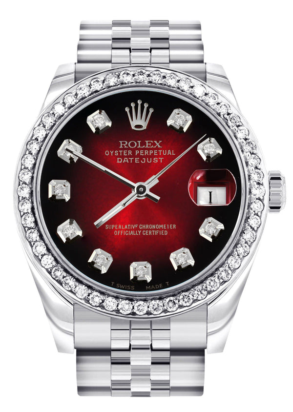 Diamond Rolex Watch | 68274 | Diamond Bezel | 31MM | Red Black Diamond Dial | Jubilee Band